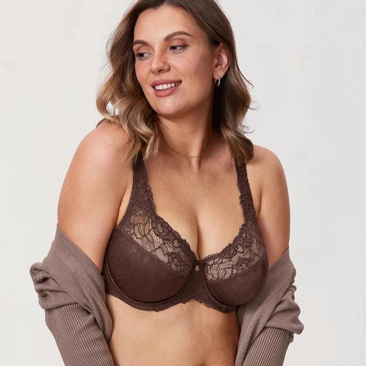 Front view of plus size lace full cup minimiser bra with underwire and wide wings - MissFine