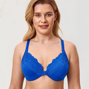 Front view of blue full coverage front closure bra with padded cups and lace trim - MissFine