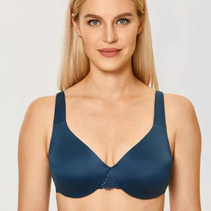 Side angle showing wide adjustable straps and smooth full coverage cups of the navy minimiser bra - MissFine