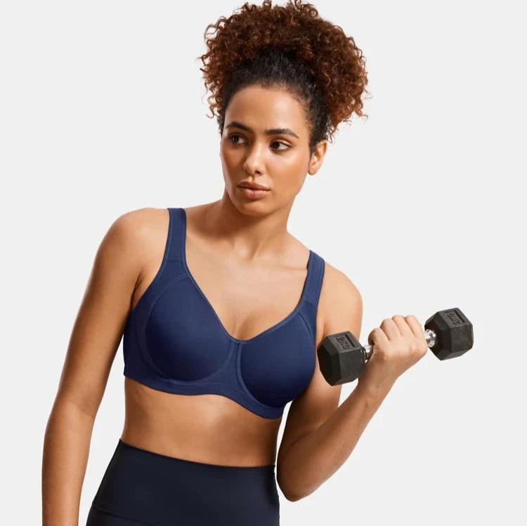 Front view of navy padded underwire sports bra with molded full coverage cups and V-neckline - MissFine