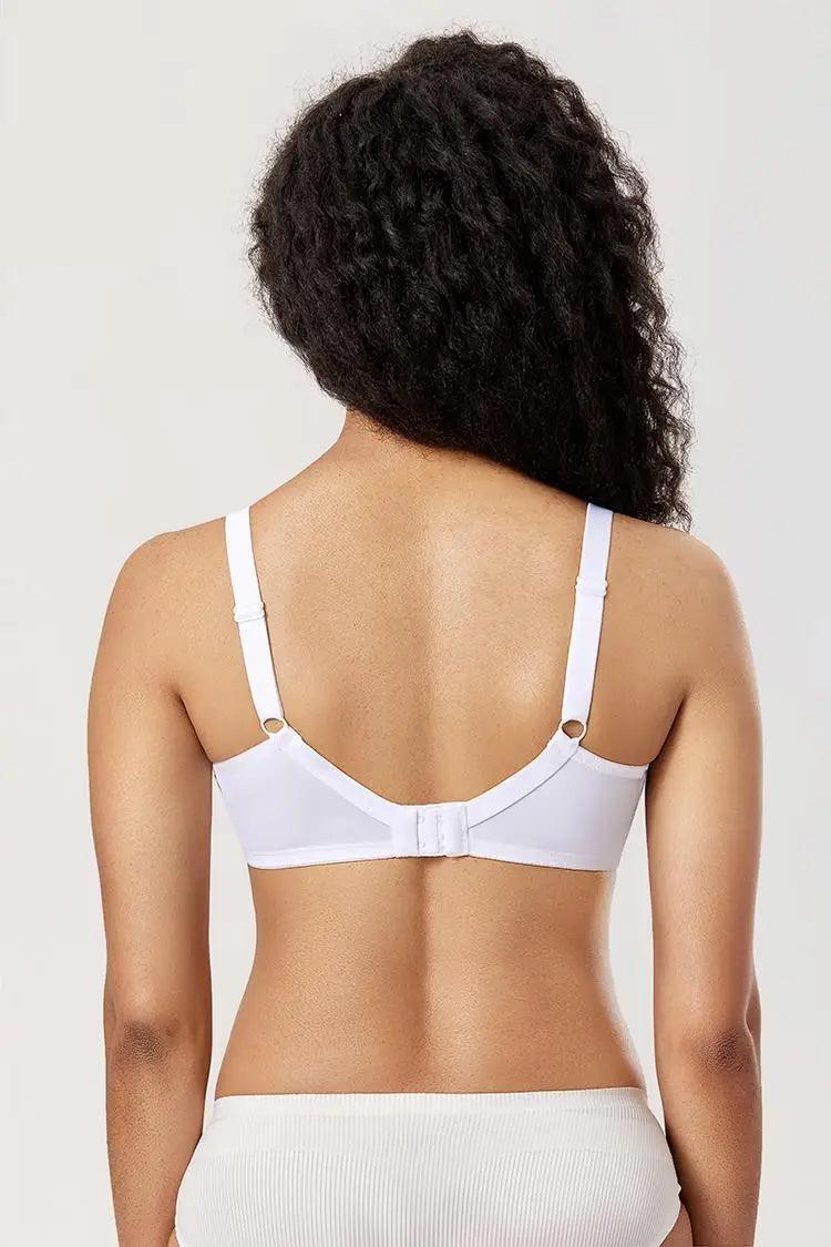 Close-up of floral lace overlay and scalloped cup edge on white balconette bra - MissFine