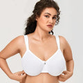 Front view of black plus size full support bra with seamless molded cups and underwire, on model - MissFine