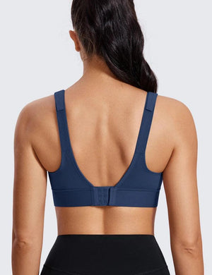 Back view of navy blue sports bra with wide posture-support band and hook-and-eye closure - MissFine