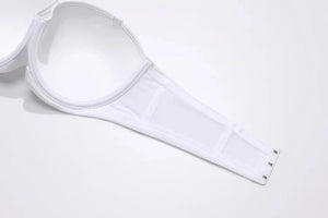 Back view white strapless bra with three-hook closure and seamless band - MissFine