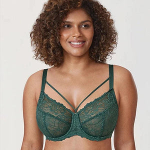 Front view of green full cup minimiser bra with lace overlay and underwire support - MissFine
