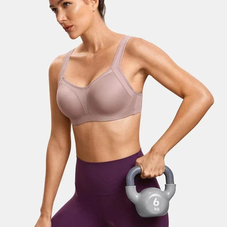 Front view of nude molded full cup sports bra with wide straps - MissFine