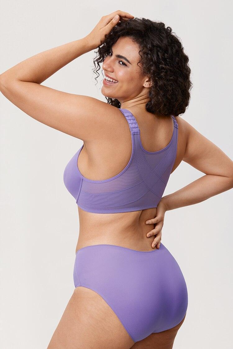 Side angle of purple plunge bra highlighting smooth seamless cups and adjustable straps - MissFine