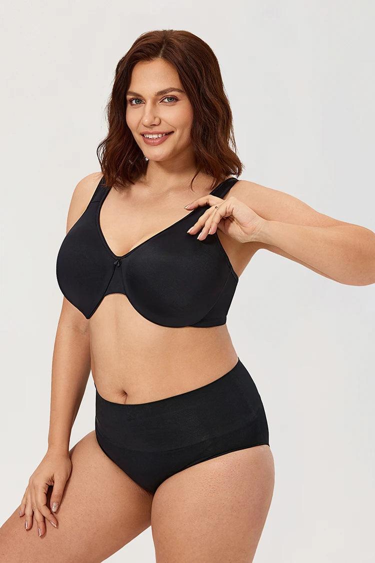 Close-up of nude seamless minimiser bra cups and V-neckline centre gore - MissFine