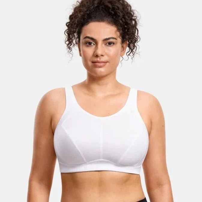 Side angle of nude sports bra showing smooth wireless design and elastic underband - MissFine