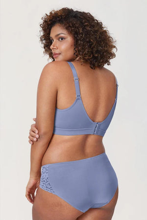Back view of periwinkle blue bra with wide posture-support band and hook-and-eye closure - MissFine