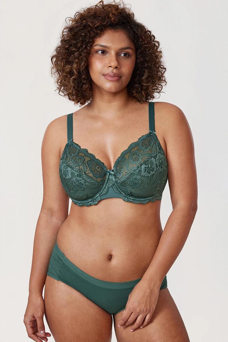 Back view of plus size lace bra with hook-and-eye back closure and adjustable straps - MissFine