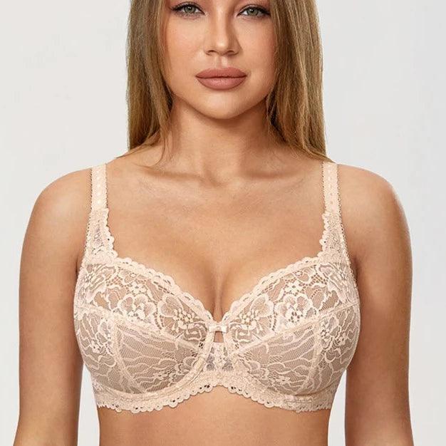 Front view of nude full cup minimiser bra with floral lace and underwire support - MissFine