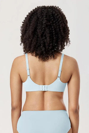 Back view of light blue bra with wide underband, multi-hook back closure and adjustable straps - MissFine