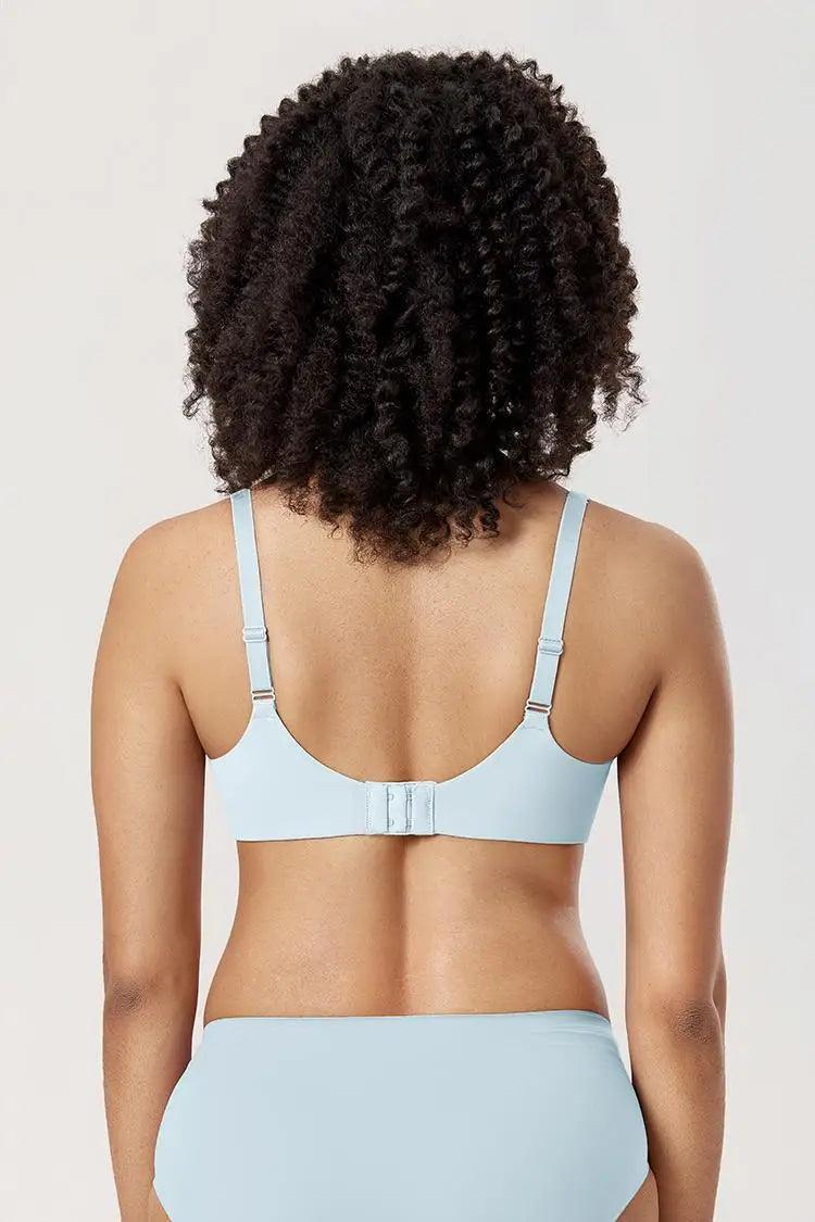 Back view of light blue bra with wide underband, multi-hook back closure and adjustable straps - MissFine