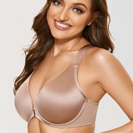 Front view of pearl nude full cup front-closure bra with seamless molded cups - MissFine