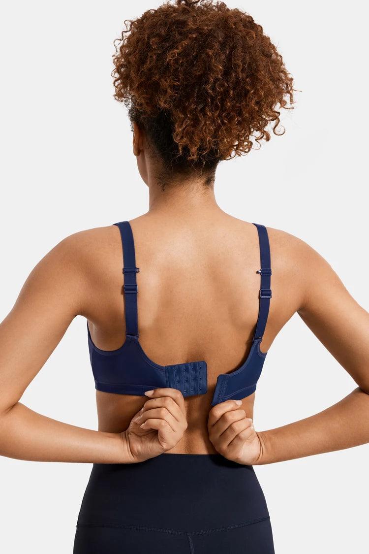 Back view of sports bra with adjustable hook-and-eye closure and wide elastic band - MissFine