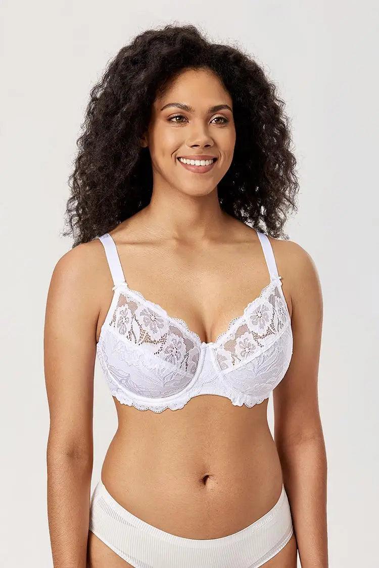 Close-up of scalloped floral lace overlay on white full cup underwire bra - MissFine