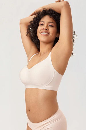 Close-up of seamless non padded cups and breathable knit texture on green bra - MissFine