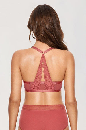 Back view of dusty rose racerback bra with lace center panel and hook-and-eye closure - MissFine