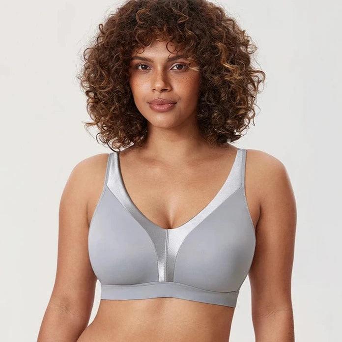 Front view of black full cup non wired bra with satin finish and seamless cups - MissFine