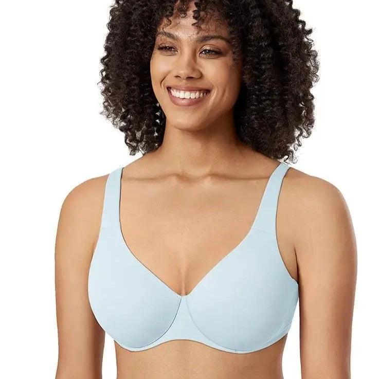 Side angle of sage green underwired bras full cup style showing wide band and adjustable shoulder straps - MissFine