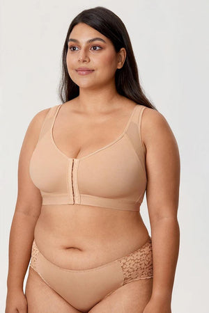 Back view of nude bra with wide X-shaped posture panel and adjustable straps - MissFine