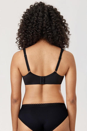 Back view of black bra with smooth band, three-row hook-and-eye closure and straps - MissFine