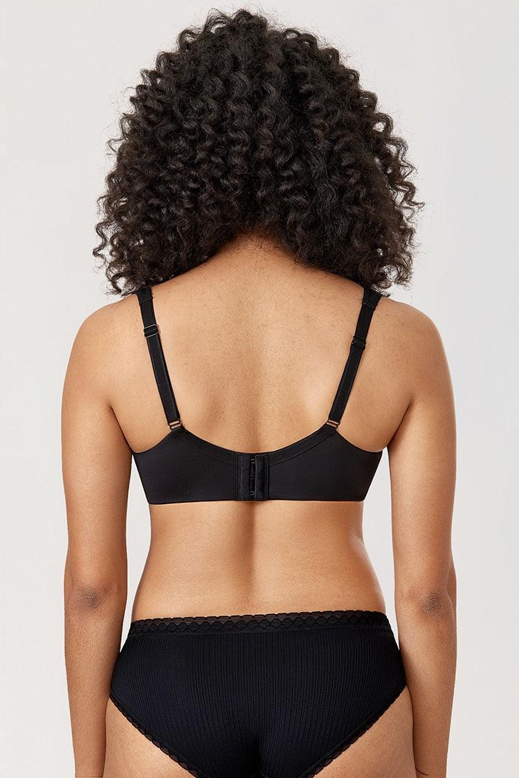 Back view of black bra with smooth band, three-row hook-and-eye closure and straps - MissFine