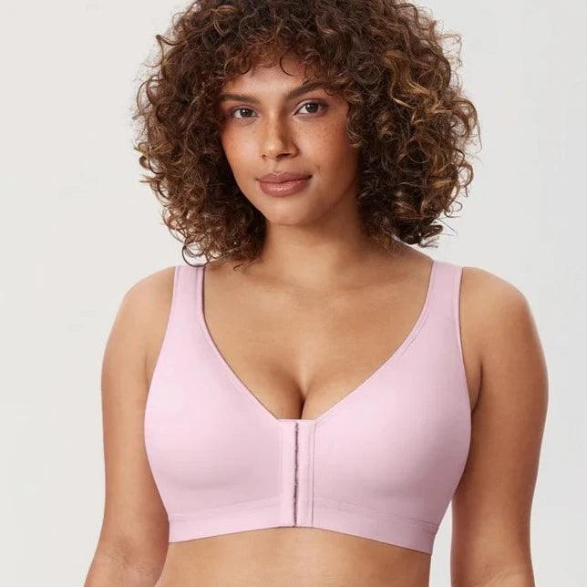 Front view of black zip front plus size bra with smooth molded cups and V-neckline - MissFine