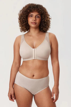 Close-up of front zipper closure and mesh upper cup detail on burgundy bra - MissFine