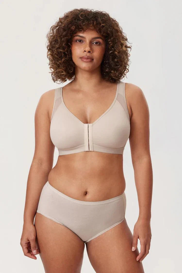 Close-up of front zipper closure and mesh upper cup detail on burgundy bra - MissFine