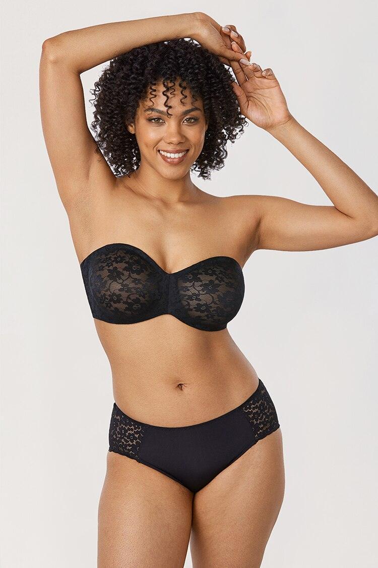 Back angle black strapless cotton lace bra highlighting smooth band and full coverage fit - MissFine