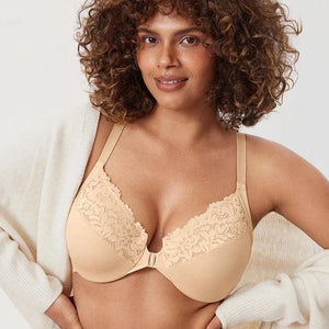 Front view of beige cotton full cup front-closure bra with lace-trimmed molded cups - MissFine