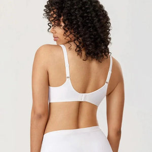 Back view showing cotton wide band, adjustable straps and hook-and-eye back closure on white bra - MissFine