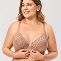 Front view of champagne lace full cup front closure bra with molded cups - MissFine