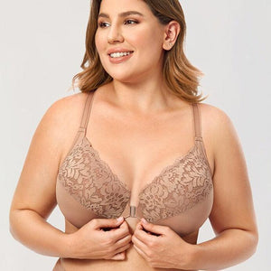 Front view of champagne lace full cup front closure bra with molded cups - MissFine