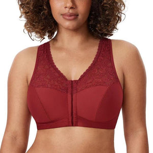 Front view of black full cup lace bra with front closure for plus-size fit - MissFine