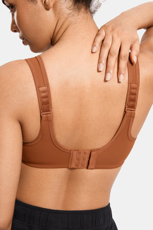 Close-up of molded underwire cup and V-neckline on bronze sports bra for full bust - MissFine