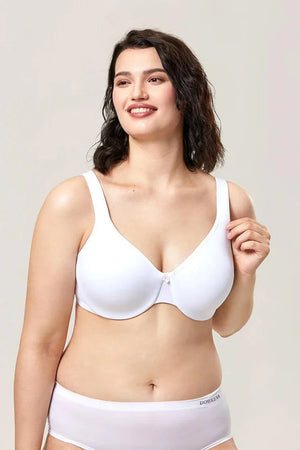 Back view of white full coverage bra with wide band and hook-and-eye closure - MissFine
