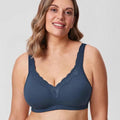 Front view of blue non wired full cup bra with lace V-neckline and full coverage cups - MissFine