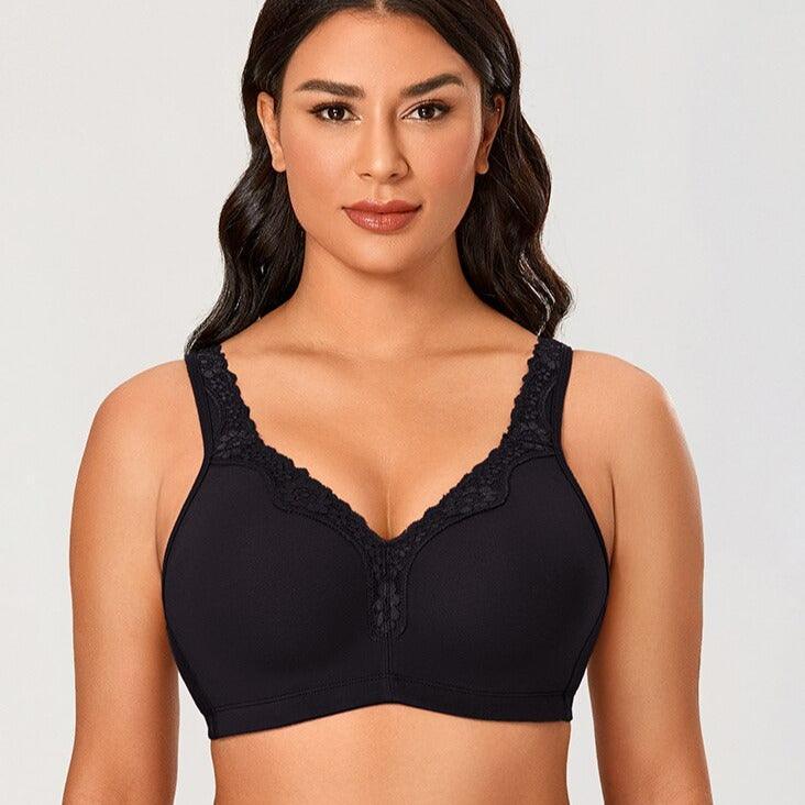 Front view of black full cup cotton bra with lace neckline and wide straps - MissFine