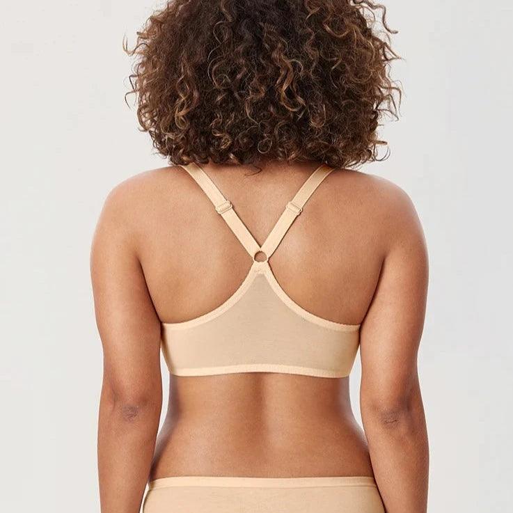 Back view of cotton bra showing wide smooth band and cross-back convertible straps - MissFine