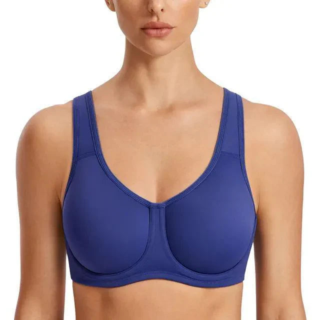 Back view of blue sports bra with hook-and-eye back closure and cross-back straps - MissFine
