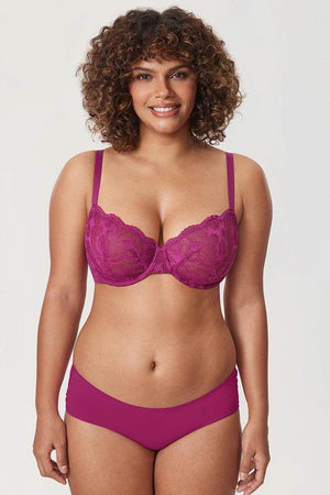 Close-up of floral lace overlay and molded cups on underwired full cup bra - MissFine