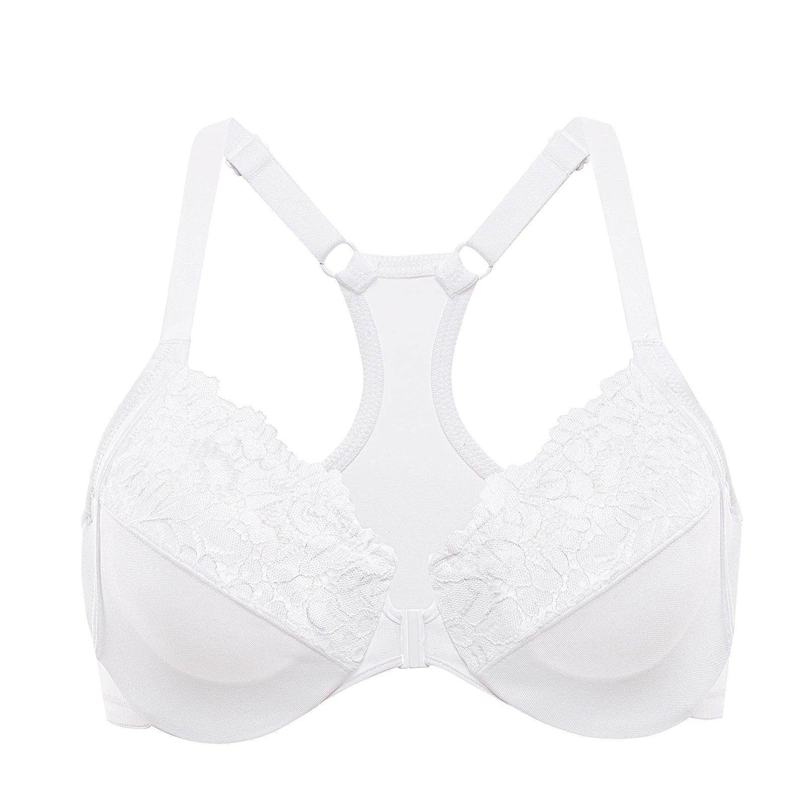 Front view of nude full coverage front closure bra with lace trim and molded underwire cups - MissFine