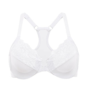 Front view of nude full coverage front closure bra with lace trim and molded underwire cups - MissFine