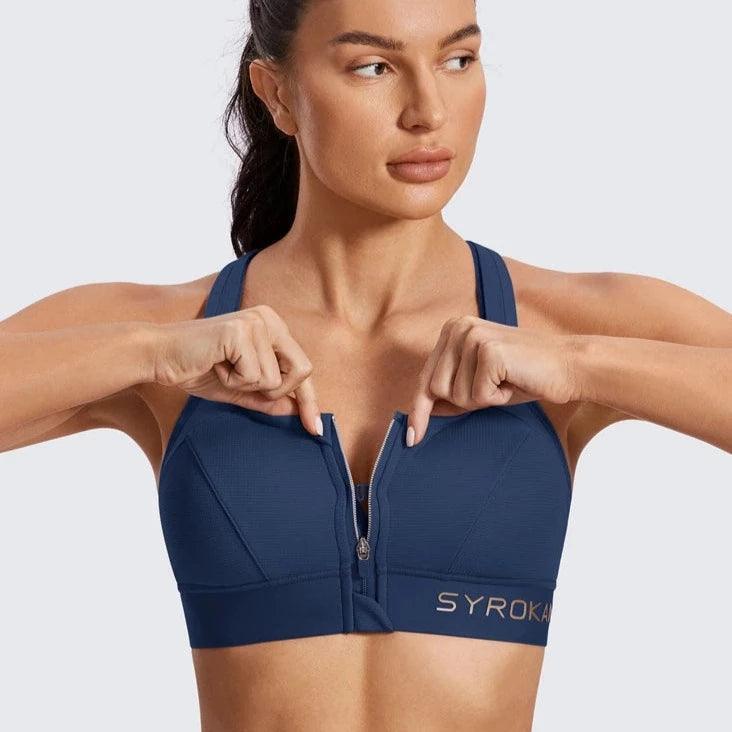 Front view of navy blue front closure sports bra showing zipper and underband logo - MissFine