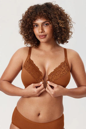 Close-up of front clasp closure and cotton lace overlay on upper cups in nude tone - MissFine