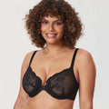 Front view of black full cup lace bra with front clasp closure and molded cups - MissFine
