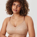 Front view of brown non wired full cup bra with lace upper cups and wide straps - MissFine